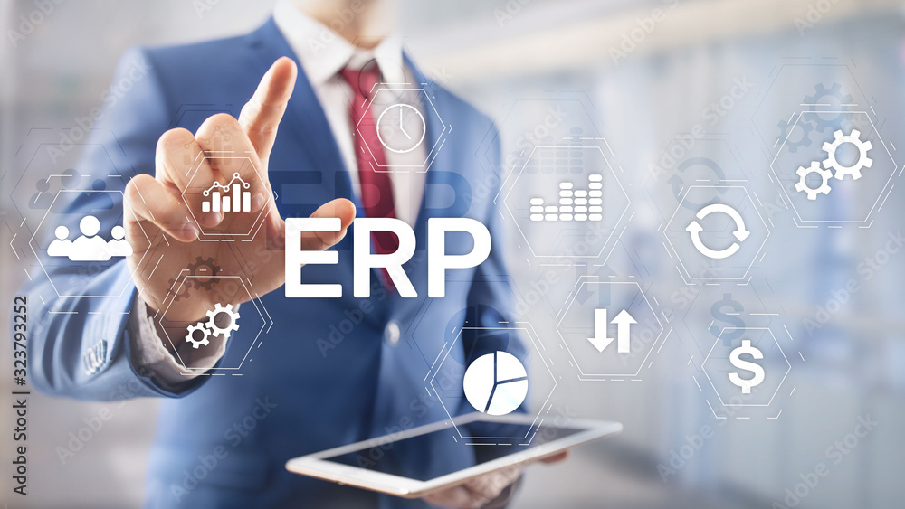 Poster erp system, enterprise resource planning on blurred background. business automation and innovation c