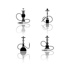 Fototapeta na wymiar Hookah drop shadow black glyph icons set. Hooka bar for peaceful leisure. Sheesha house. Nargile lounge. Odor from pipe. Scent of vaporizing. Isolated vector illustrations on white space