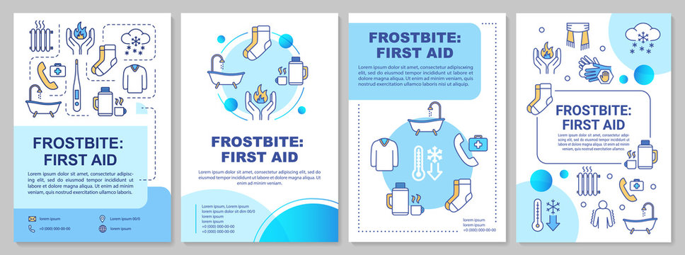 Frostbite first aid, low temperature effect brochure template. Flyer, booklet, leaflet print, cover design with linear icons. Vector layouts for magazines, annual reports, advertising posters