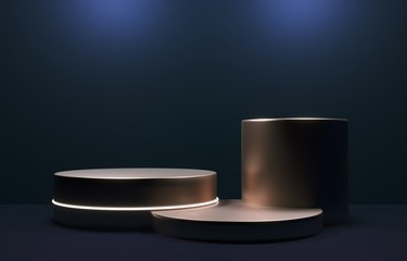 Golden podium, stand on blue background. Classic showcase for exhibition of goods, brands. Design template mockup - 3d render illustration. Golden base, illuminated by rays of spotlights from above