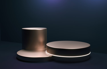 Golden podium, stand on blue background. Classic showcase for exhibition of goods, brands. Design template mockup - 3d render illustration. Golden base, illuminated by rays of spotlights from above
