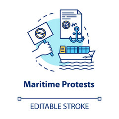 Maritime protest concept icon. Sea law. Cargo damage. Notarized paper. Collision, problem. Notary service idea thin line illustration. Vector isolated outline RGB color drawing. Editable stroke