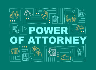 Power of attorney word concepts banner. Legal representative. Officil confirmation. Infographics with linear icons on green background. Isolated typography. Vector outline RGB color illustration