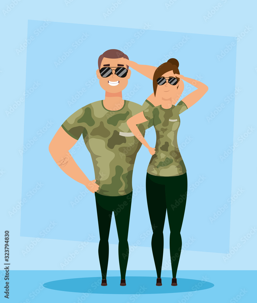 Wall mural young military couple avatars characters