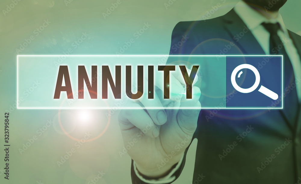 Poster writing note showing annuity. business concept for fixed sum of money paid to someone each year seri