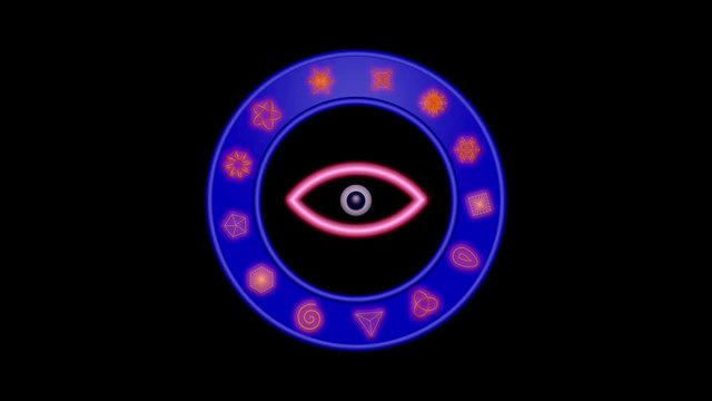 Rotating Ring With Glowing Mystical Symbols. Sacred geommetry circle occult signs. 3d animation . Seamless loop . Black and white alpha matte included