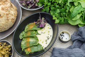 Green Ravioli or Dumplings with Celery Root Puree