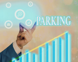 Writing note showing Parking. Business concept for leaving a vehicle in a particular place for a...