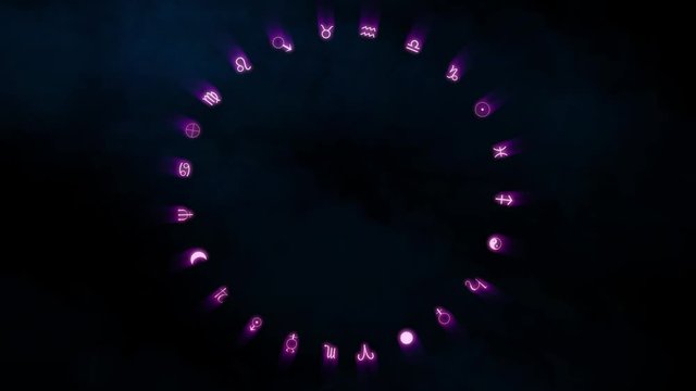 Spinning circle with magical symbols . Sacred ring with glowing occult signs. Soft colorful smoke , clouds , gases in background. 3d animation . 