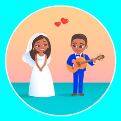 The groom with a guitar sings a bride a song. A happy girl is standing nearby and listening. Both have hearts in love. Cartoon wedding vector illustration.