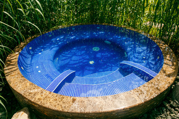 round outdoor jacuzzi among tall thickets and grass.