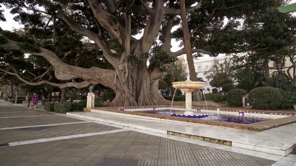 Gimbal wide angle shot of working fountain on Cadiz quay with no people. Gimbal shot of water...