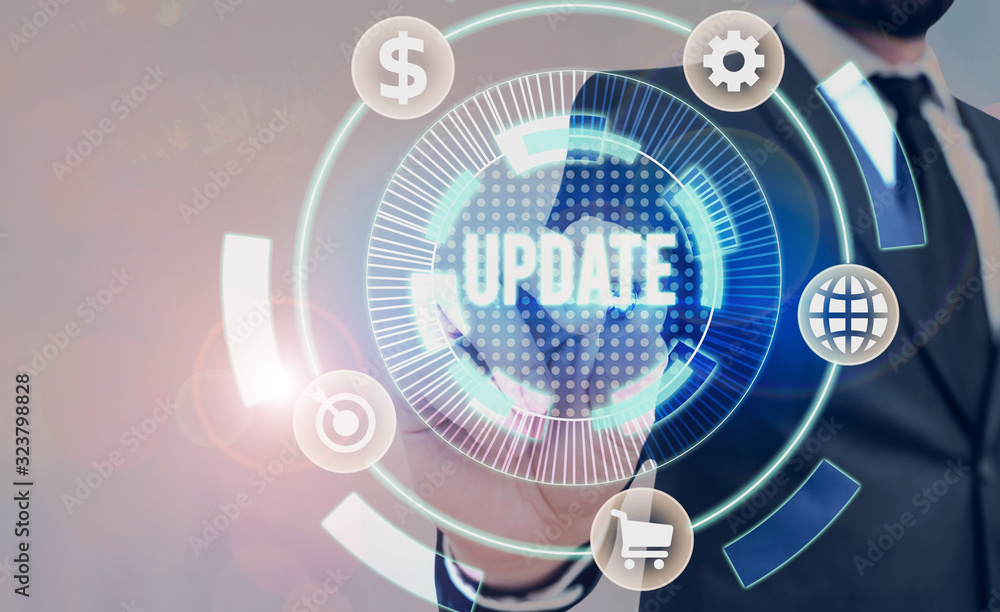 Sticker text sign showing update. business photo showcasing make something more modern adding new facts chan