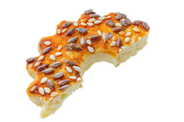 Sliced cookies with sesame and flax seeds. Cut out on a white background with a pen tool. Full depth of field.