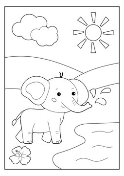 Coloring page or book for children. Cute cartoon elephant with exotic flower. African animals. Educational game.