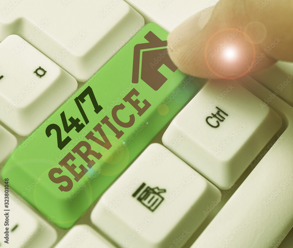 Poster writing note showing 24 or 7 service. business concept for service that is available any time and us