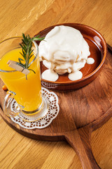 tasty pancakes with sour cream and tea