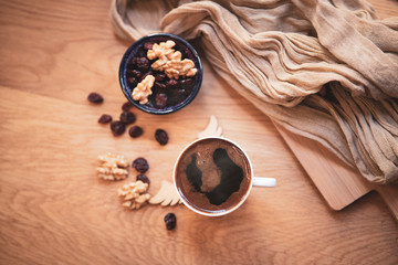 healthy dry fruit and walnuts with morning coffee
