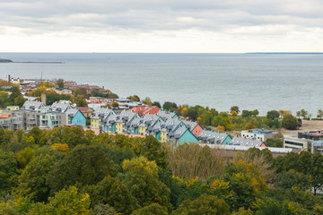 Kalamaja district seen from the tower of St. Olaf's church. Modern colourful houses by the Baltic...