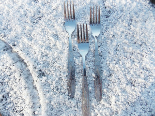 forks on a white background in the snow