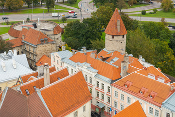 Historic city of Tallinn, medieval buildings, towers, red rooftops in the old town seen from the...