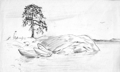 A rough sketch of a lonely pine tree on a rocky shore of a lake. Three boats on the shore near a lonely tree. Pencil drawing on white paper.