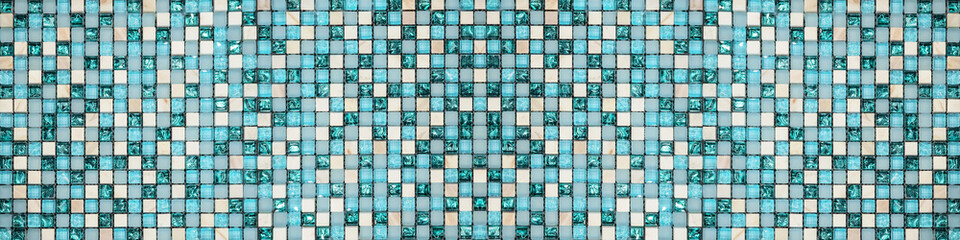 Turquoise aquamarine white mosaic square tiles mirror wall texture background banner panorama
