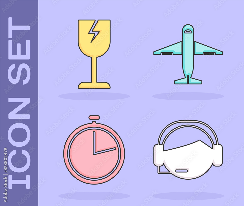 Poster set support operator in touch, fragile broken glass symbol, stopwatch and plane icon. vector