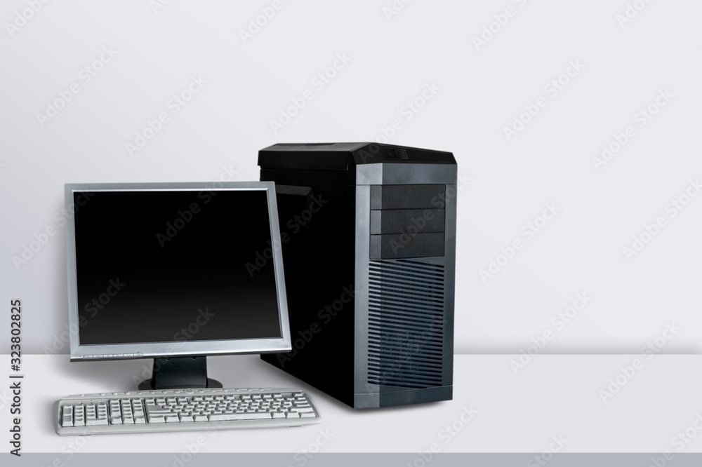 Poster classic desktop computer with a monitor on the desk