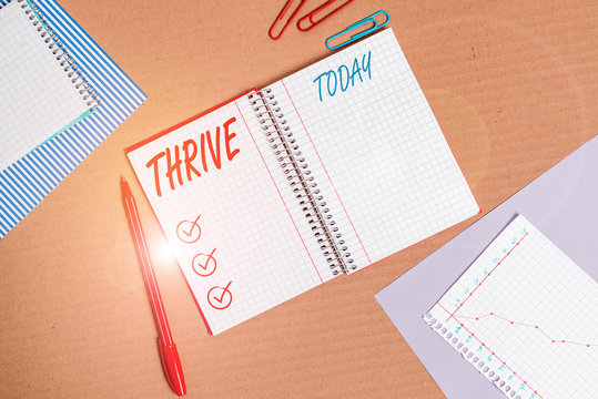 Writing note showing Thrive. Business concept for Think positively Continue to prosper and flourish Time to Blossom Striped paperboard notebook cardboard office study supplies chart paper