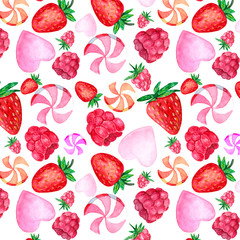 Watercolor strawberries and raspberries. Botanical watercolor hand-drawn illustration. Valentine's day. Watercolor fruits. Seamless pattern