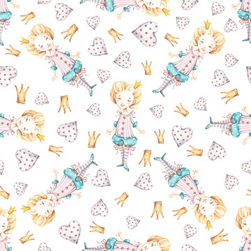 Watercolor cute nursery naive hand painted seamless pattern with princess hearts crown. Childish Handpainted print on white background. Watercolour Art for kids fabric wallpaper baby shower invitation