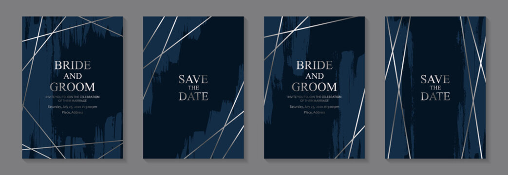 Set Of Modern Grunge Luxury Wedding Invitation Design Or Card Templates For Business Or Poster Or Greeting With Silver Lines And Blue Paint Brush Strokes On A Navy Background.