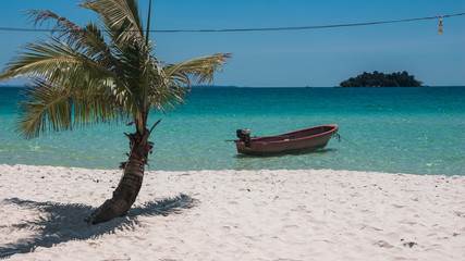 Boat and Palm Tree at the beach on Koh Rong Island