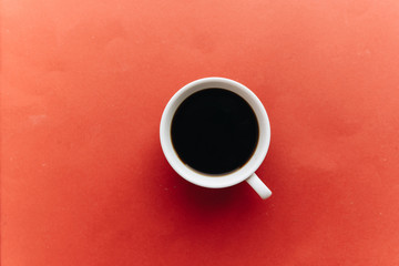 Obraz na płótnie Canvas Cup of black coffee and cotton flowers on dark background 