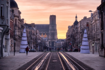 Sunset warm look of Reims cathedral during Christmas holidays, winter France