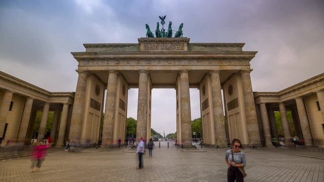 BERLIN, GERMANY - MAY,2019: Timelapse view of the famous historic monument building Brandenburg Gate by day