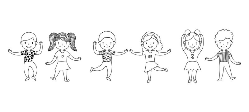 Group of cute cartoon children girls and boys dancing mini disco music party. Happy childhood. Black and white graphic line art vector illustration