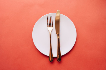 plate, fork, knife on red table, elegant tableware 
