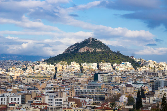 Mount Lycabettus in Athens, Greece. Picturesque city skyline view
