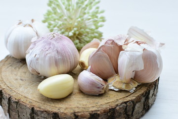 Allium sativum: Fresh, whole and sliced garlic