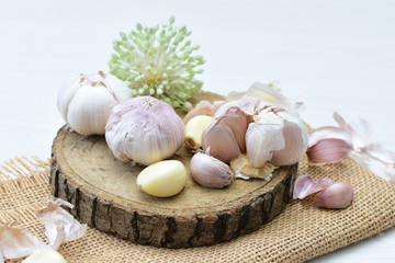 Allium sativum: Fresh, whole and sliced garlic