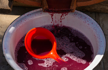 Wine making. Juice is merged from special equipment. Technology of wine production in Moldova. The ancient folk tradition of grape processing. Viticulture.
