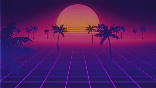 Camera moves along the synthwave wireframe net. Palm trees appearing. Sun on beach. 80s style, Retro Futurism Background. VHS intro. 3D Render. Retro wave horizon landscape, neon lights. Seamless loop