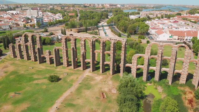 Acueducto de los milagros, Merida, Spain, aerial view. Flying around Roman aqueduct of Merida. Front view of Aqueduct of the Miracles in Merida, Spain.