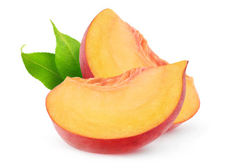 Isolated peach fruit slices. Two pieces of peaches isolated on white background with clipping path