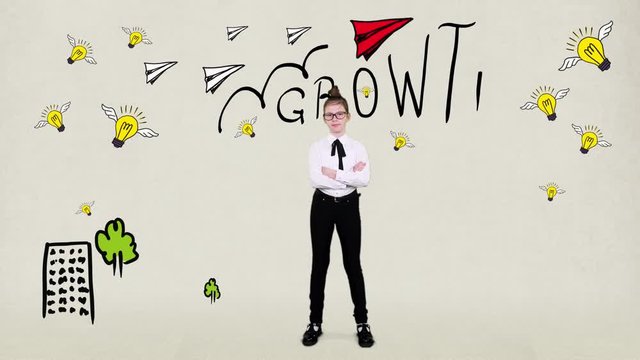 Smart Teenager girl in glasses ponders a successful idea, draws success growth concept in her imagination. Education, motivation, start up and business idea concept