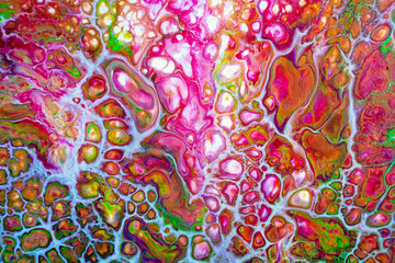 Acrylic paint pouring on canvas with lots of cells and creative colors. Texture, design, pattern, wallpaper, background and art concept.