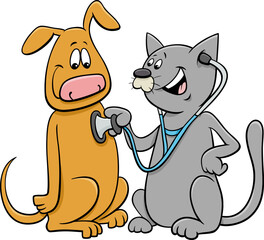 cat examining the dog with stethoscope cartoon