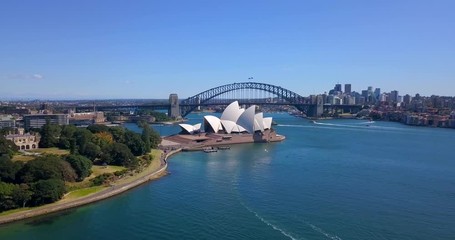 Close up aerial view of the Sydney Opera House near Harbour bridge.